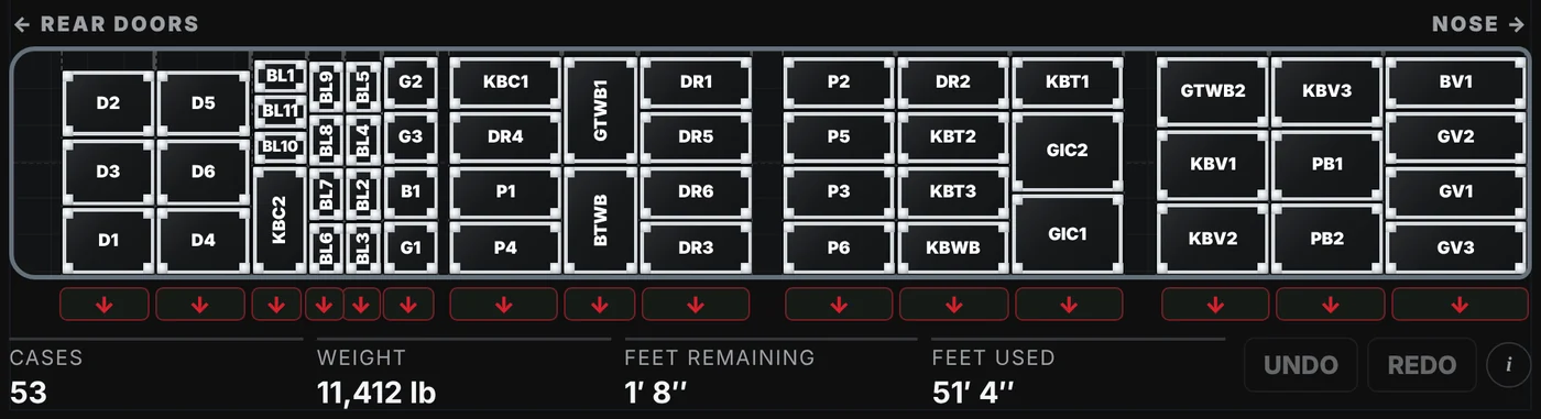 TruckPacks overhead view of a 53 ft trailer with 53 black road cases laid out in rows from the nose to the rear doors